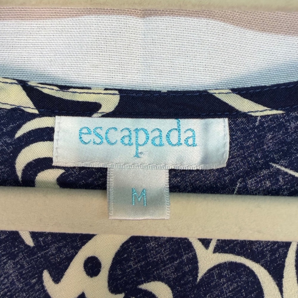 Escapada Navy Blue Cream Geometric Scroll Ruffle Sleeve Tunic Top Rayon Medium - Picture 3 of 6
